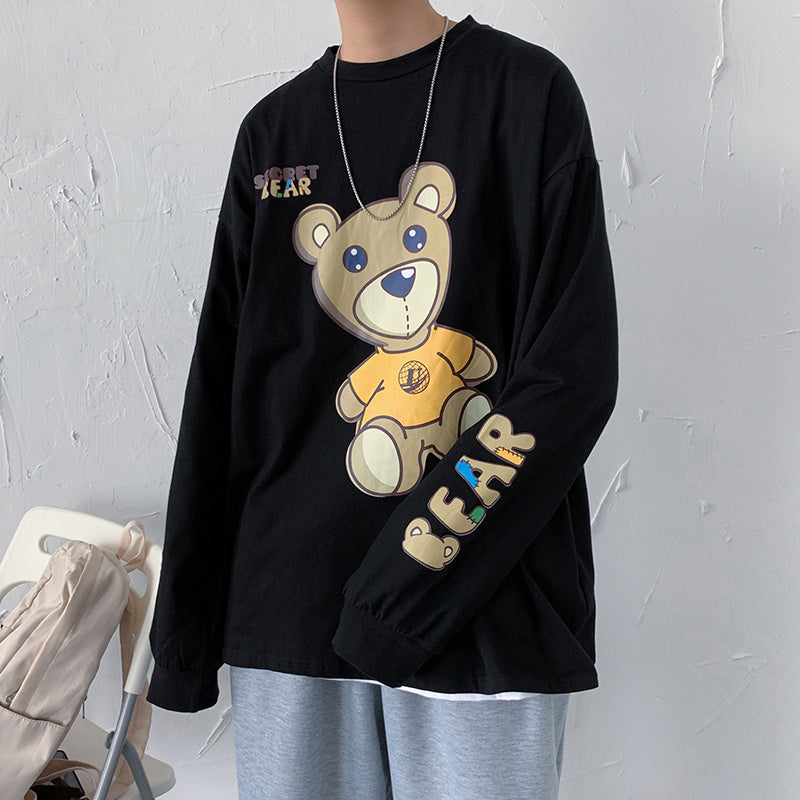 Men's Spring New Hong Kong Style Japanese Cartoon Anime Korean Trend Loose Student Couple Long Sleeve T-Shirt