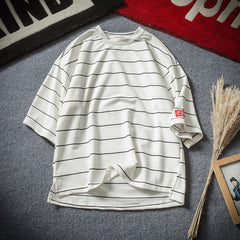 Round collar striped T-shirt