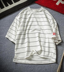 Round collar striped T-shirt